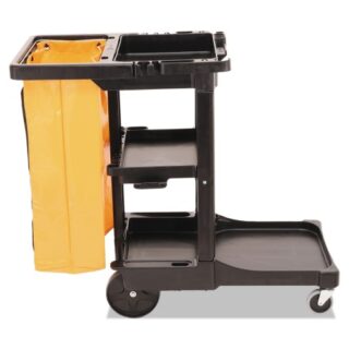 Rubbermaid Commercial Multi-Shelf Cleaning Cart, Plastic, 4 Shelves, 1 Bin, 20" x 45" x 38.25", Black (617388BK)