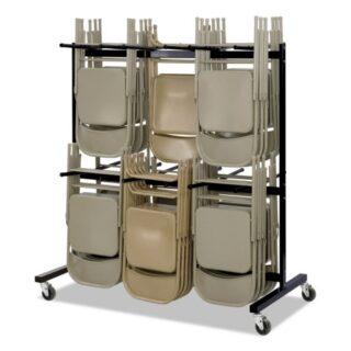 A space-saving storage solutio that holds up to 84 folding chairs. Durable black powder coat steel construction for durability. 4" casters for easy mobility enables use across any work environment. Two-Sided 12-Section Hang-Hook FormatEach tier features three hang-hook sections per side. Material(s): Steel; Overall Material Type: Metal; Color: Black; Color Family: Black.