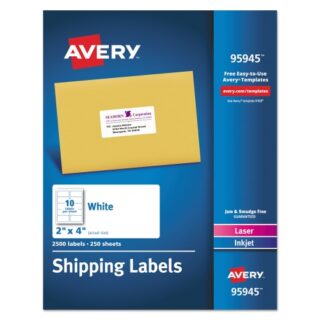 Avery White Shipping Labels-Bulk Packs, Inkjet/Laser Printers, 2 x 4, White, 10/Sheet, 250 Sheets/Box (95945)