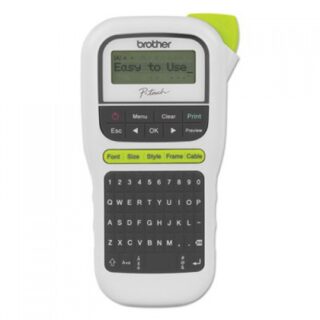 Portable label maker is great for home, home office and on-the-go use. Features a QWERTY keyboard, convenient one-touch keys and an easy-view display to preview your labels before printing. Easily personalize your labels with three fonts, 14 frames, and over 250 symbols. Also organize your wires and cables with the useful cable labeling feature. Creates labels with one or two lines of text. Built-in memory stores up to 15 labels for fast reprinting. Uses durable, laminated easy-peel TZe tape up to 12mm (~1/2) wide. Powered by six AAA batteries or optional AC adapter (each sold separately). Includes 12mm starter tape. Label Maker Type: Handheld; Prints Barcodes: No; Prints Postage: No; Power Source(s): (6) AAA Batteries (Sold Separately); AC Adapter (Sold Separately).