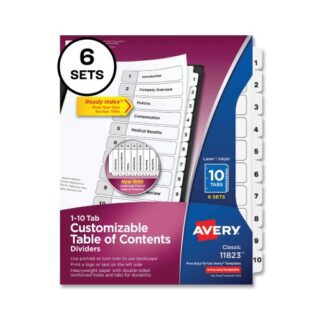 Avery Customizable Table of Contents Ready Index Black and White Dividers, 10-Tab, 1 to 10, 11 x 8.5, White, 6 Sets (11823)