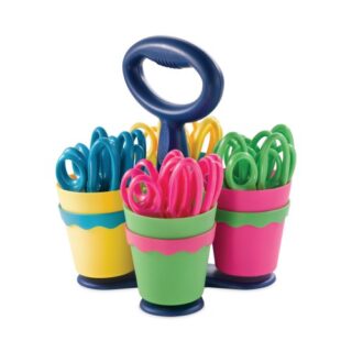 Westcott Scissor Caddy with Kids' Scissors, 5" Long, 2" Cut Length, Light Blue; Light Green; Pink; Red, Straight Handles, 24/Set (14756)