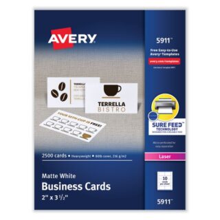 Avery Printable Microperforated Business Cards w/Sure Feed Technology, Laser, 2 x 3.5, White, 2,500 Cards, 10/Sheet, 250 Sheets/Box (5911)